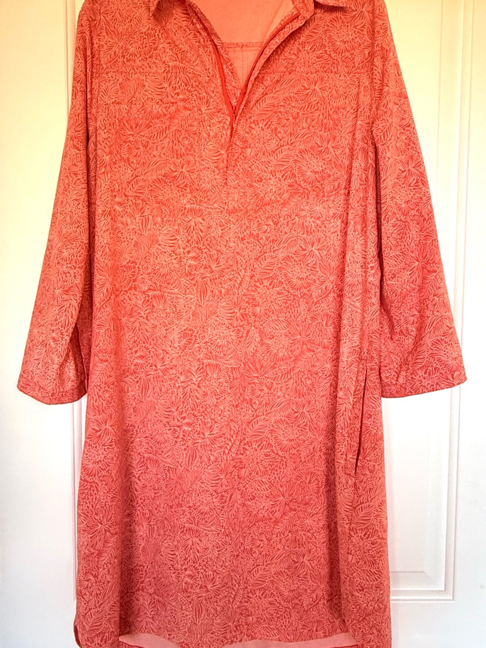 Title nine Coral-Red Long Sleeve Shirt with Subtle Leaf Print